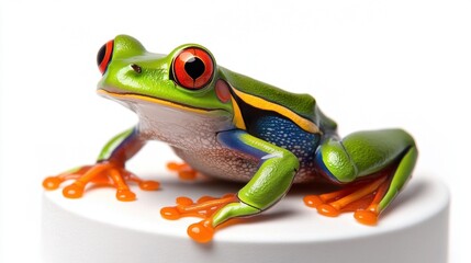Obraz premium Vibrant frog perched on a white surface.