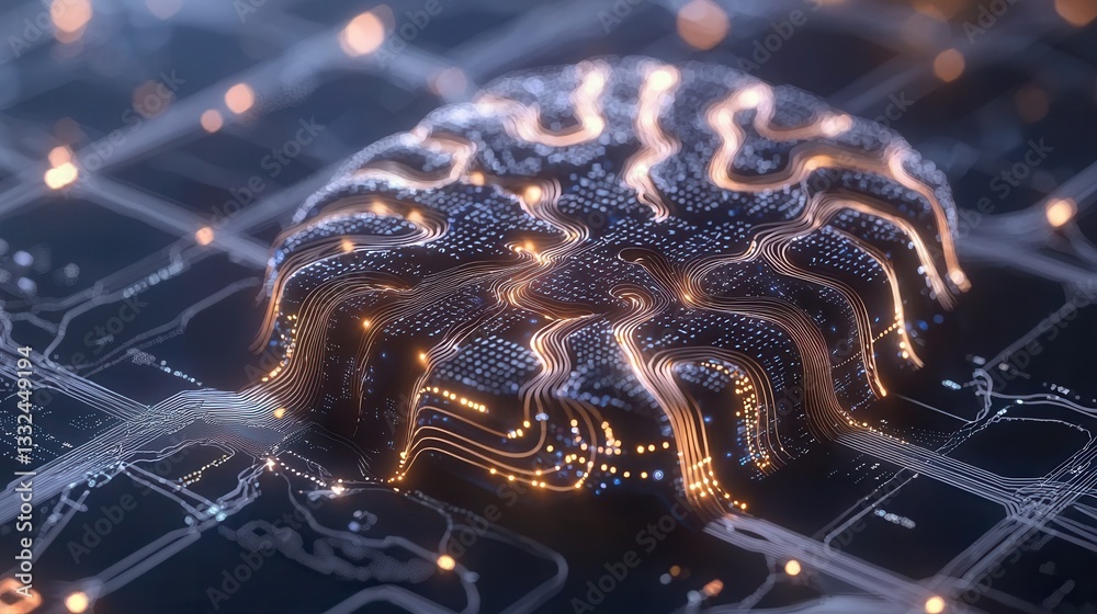 Poster a complex futuristic data network with interconnected neural pathways and glowing digital energy rep