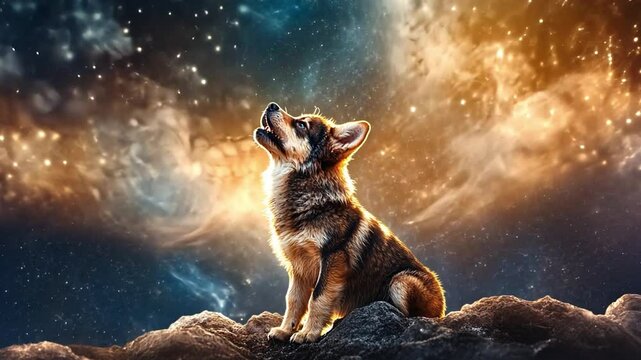 Corgi gazes at the starry night sky in a cosmic landscape filled with vibrant colors