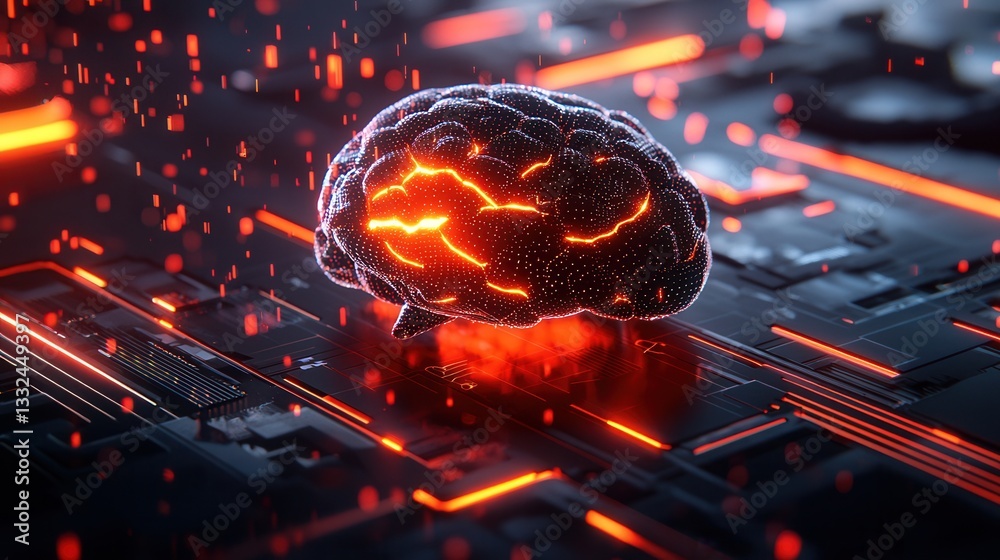 Poster glowing neural network and digital circuits representing the power of global generative intelligence