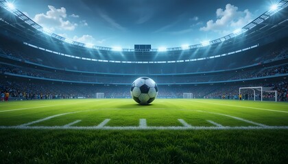 A Lone Soccer Ball Sits Center Field In A Massive Stadium Awaiting The Thrill Of The Game Under Bright Stadium Lights