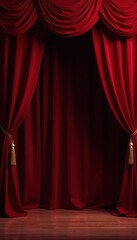 Crimson velvet stage curtain, elegantly draped , classic, drapes, empty