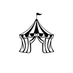 A classic black and white circus tent illustration, featuring striped canopy, archway entrance, and a small flag.