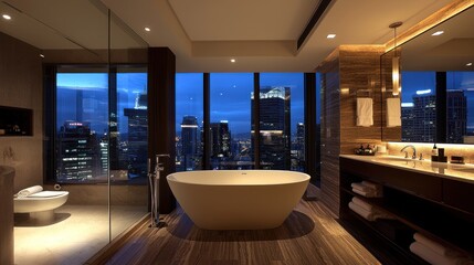 Fototapeta premium Luxury Cityscape Bathroom: Night View