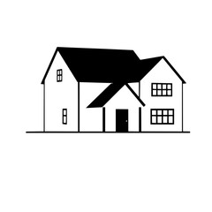 Minimalist Black and White Architectural Illustration of a Modern Two-Story House with Porch and Dormer Windows.