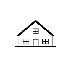 Simple Black and White Minimalist House Icon, featuring gable roof, windows, and door, isolated on a white background.
