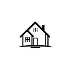 Minimalist black and white illustration of a house, featuring a simple roof, chimney, windows, and a front door, set against a clean white background.