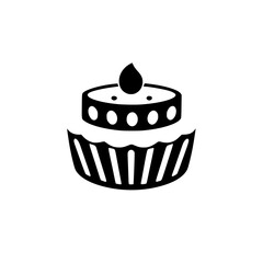 Minimalist black and white graphic of a layered cupcake with a single droplet-shaped adornment, presented on a plain white background.