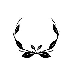 A minimalist black and white illustration featuring a symmetrical, elegant leafy wreath design on a stark white backdrop, symbolizing nature and harmony.