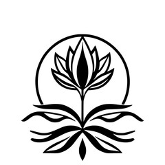 Symbolic Black and White Lotus Flower Logo Design, Set within a Circle with Detailed Petals and Elegant Leaves.