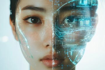A woman's face merges with a futuristic digital circuit board, symbolizing technological integration with humanity.