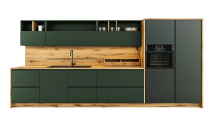 Modern green kitchen with wooden details on transparent background