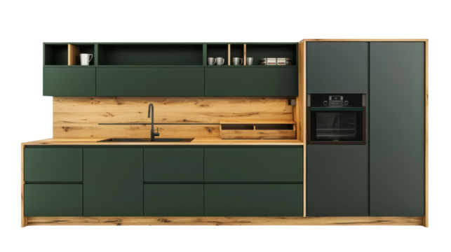 Modern green kitchen with wooden details on transparent background