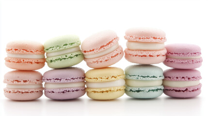 Obraz premium Delicious pastel macarons arranged in colorful row, showcasing various flavors and textures