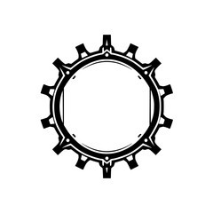 Intricate Black and White Gear Icon: Detailed, Geometric Illustration with Bold Lines and Circular Design.