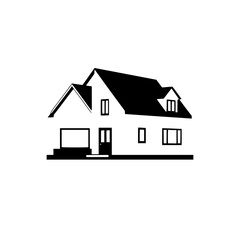 Minimalist Black and White Vector Illustration of a Two-Story House with Dormers and Porch, Set Against a Pure White Backdrop.