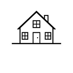 Simple Black and White Vector Illustration of a House with a Chimney, Windows, and Door on a White Background.