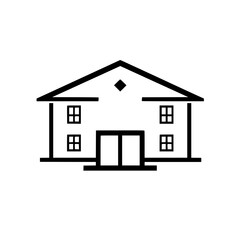 Simple Black and White Vector Illustration of a Two-Story House with Gabled Roof, Double Doors, and Square Windows on a Solid White Background.