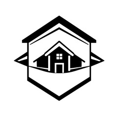 Black and White Modern Minimalist House Logo Design, Nested Geometric Shapes with Iconic Home Representation.