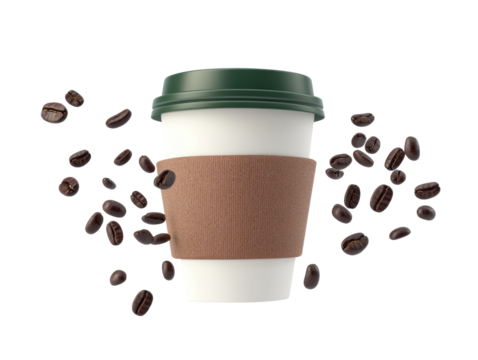 Isolated Eco-Friendly Coffee Cup with Floating Coffee Beans and Brown Band