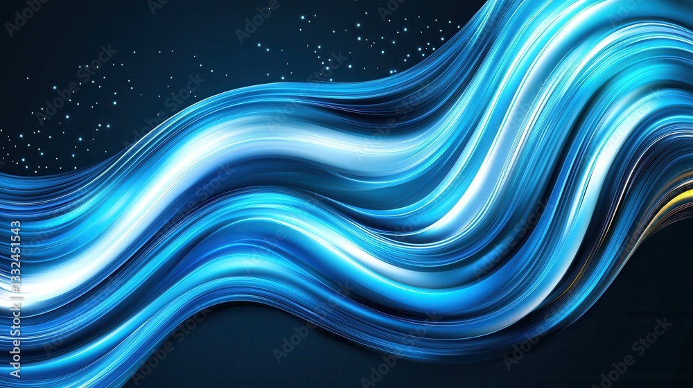 Poster an abstract futuristic image depicting glowing undulating blue waves or lines of data flowing and mo