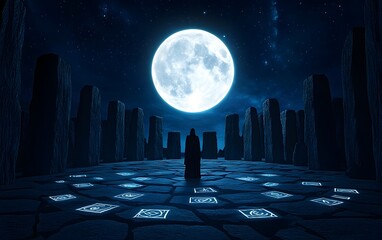 Lunar Reverie: A solitary figure stands before ancient monoliths under the mesmerizing glow of a full moon, immersed in a contemplative scene