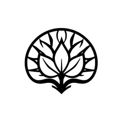 Abstract Black and White Circular Graphic of a Stylized Floral Motif with Leaves, Emanating Elegance, and Symmetry