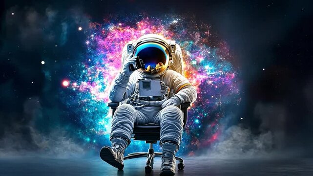 Astronaut seated in a futuristic chair against a vibrant cosmic backdrop in high resolution