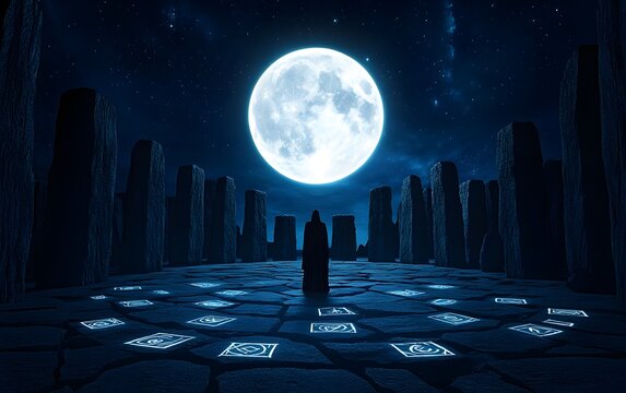 Lunar Reverie: A solitary figure stands before ancient monoliths under the mesmerizing glow of a full moon, immersed in a contemplative scene