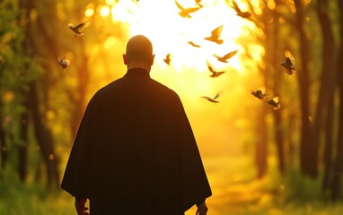 Zen Path: A silhouetted figure walks towards the sun, surrounded by birds in flight, embodying serenity and contemplation within a sunlit forest pathway. 