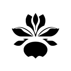 Minimalist Black Floral Logo Design, Symmetric Petals, Geometric Shape, Stylized Flower in Monochrome, Isolated on White Background.