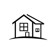 Minimalist Black and White Illustration of a Simple House on a Small Hill with windows and door.