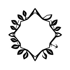 Fototapeta premium Geometric floral frame with leaves, symmetrical black line art on white, a decorative border element.