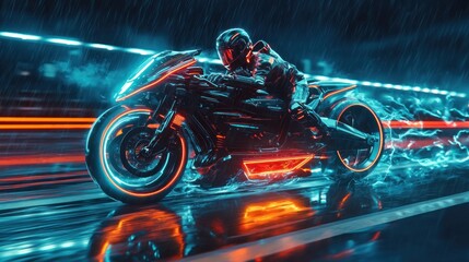 Obraz premium Futuristic Motorcyclist Speeding Through Neon Rain