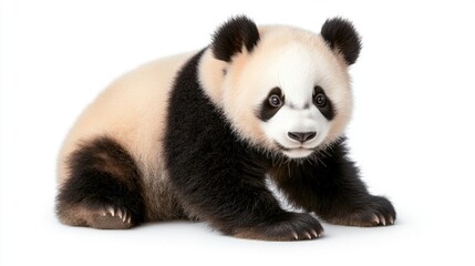 Naklejka premium Adorable panda cub sitting on white background.