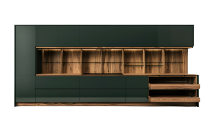 Modern green and wooden kitchen cabinet with open drawers and integrated lighting on transparent background