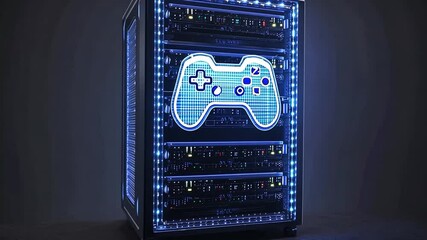 Innovative cloud gaming server setup with vibrant blue lighting enhancing the gaming experience - Powered by Adobe