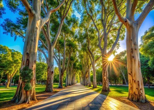 Barcelona Park Eucalyptus Sideroxylon Trees, Lush Green Foliage, Architectural Photography