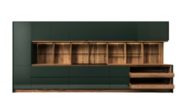 Modern green and wooden kitchen cabinet with open drawers and integrated lighting on transparent background