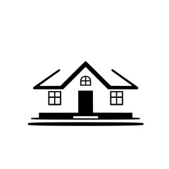 Simple Black and White House Logo Illustration with Geometric Forms, Isolated on a Clean White Background, Featuring Roof, Windows and Door.