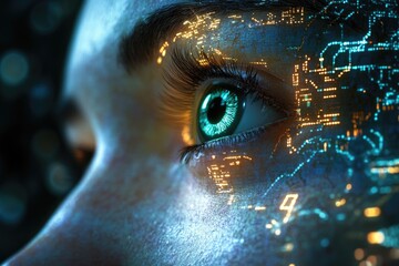 Close-up of a futuristic eye with glowing circuitry overlay, suggesting technological integration or augmented reality.