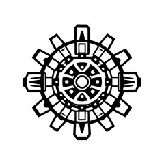 Bold, Geometric Black and White Industrial Gear with Intricate Inner Design on a Plain White Background.