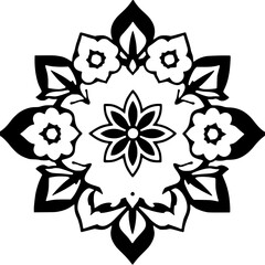 Intricate Black and White Floral Mandala Design with Central Bloom, Foliage, and Symmetrical Composition.