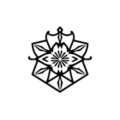 Geometric Black and White Mandala: A symmetrical floral pattern with intricate lines and a central starburst on a clean white background.