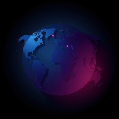 Stylized World Map with Blue and Pink Gradient on Black Background
