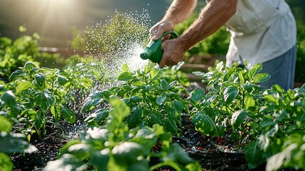 Gardening with Care: Watering Fresh Green Plants in Bright Sunlight on a Beautiful Day Outdoors