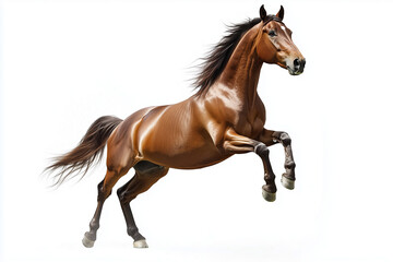 Obraz premium A majestic brown horse captured mid-gallop, its muscles defined and mane flowing, against a plain background, showcasing power, grace, and motion.