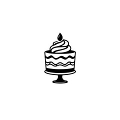 Minimalist Black and White Cake Illustration on Pedestal with Swirls, Topping, and Decorative Lines.