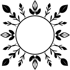 Minimalist Black and White Floral Wreath with Central Circular Space for Text or Design, Symmetric Nature-Inspired Decoration.