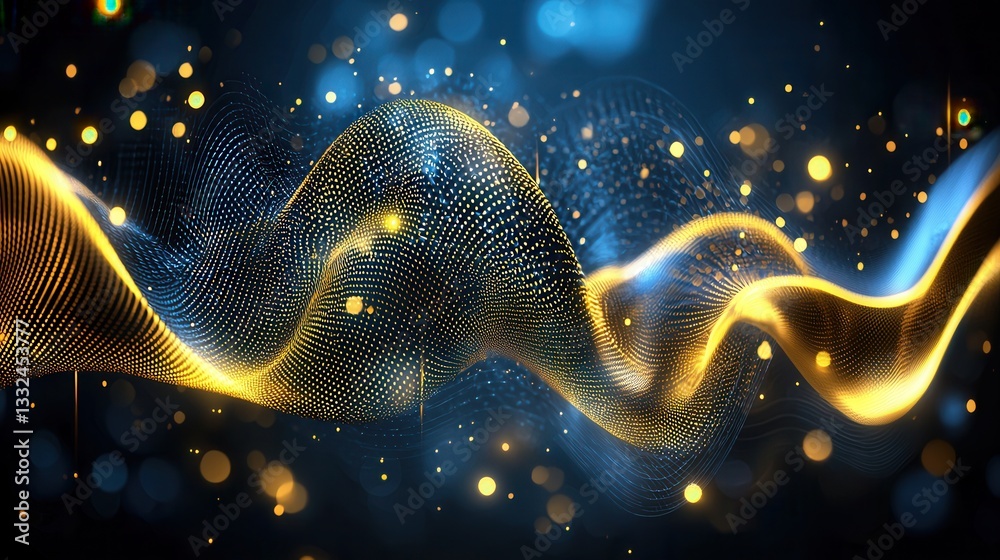 Poster mesmerizing abstract composition with glowing neon gold waves and a dynamic sound wave visualization